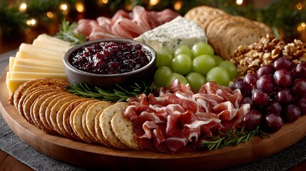 An appetizing cheese board with various cheeses, meats, fruits, crackers and nuts for holiday entertaining.