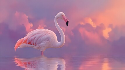 Naklejka premium A beautiful flamingo stands gracefully in shallow water against a stunning purple and orange sunset sky.