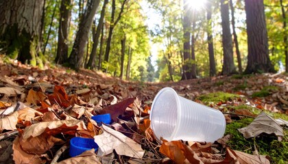 Fototapeta premium Plastic Cup and Bottle Caps Litter Forest Floor