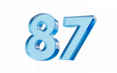 3d Glossy Blue number 87 Eighty seven isolated on white background. 3d illustration