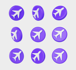 3D Purple coins with a white airplane on its surface, symbolizing travel or aviation. 3d illustration