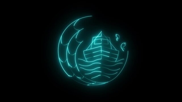 glowing neon Fishing boat icon animation on black background. Animated fishing boat icon frame on a black screen, great for marine, ocean, and travel-themed content. 4K motion Video.