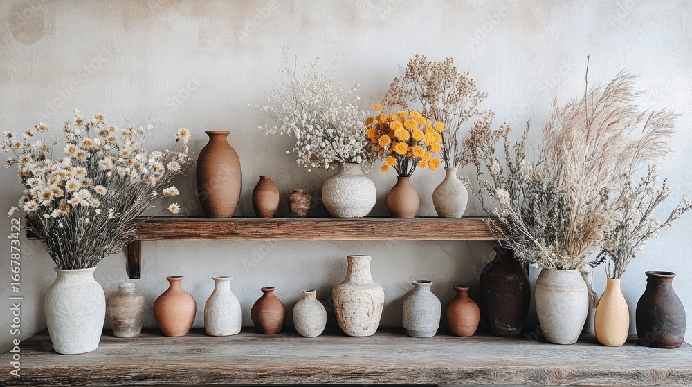 Poster a rustic shelf display showcases various ceramic vases filled with dried flowers, creating a warm an