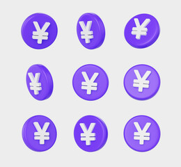 3D Purple coins with a white Yen symbol, representing Japanese currency and finance. 3d illustration