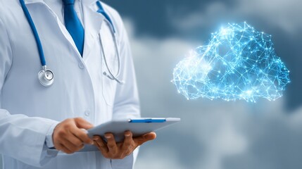 Doctor holds tablet next to abstract cloud, cloud healthcare concept