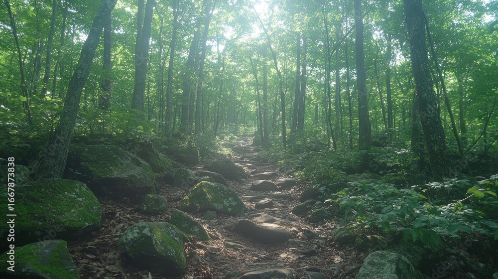 Poster serene forest path illuminated by bright sunlight filtering through trees