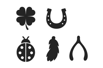 Good luck charms vector icon set. Collection of lucky symbols silhouette. Four-leaf clover, horseshoe, ladybug, rabbit foot, wishbone. Superstition, fortune, amulet, talisman icons.