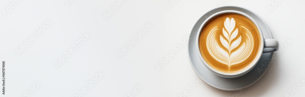 Poster Top view of latte art in a cup on saucer placed on white background with copyspace, concept of minimal coffee design and clean mockup template. Ai generative
