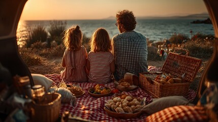 A father and two daughters enjoy a sunset picnic with food and a checkered blanket viewed from the car.