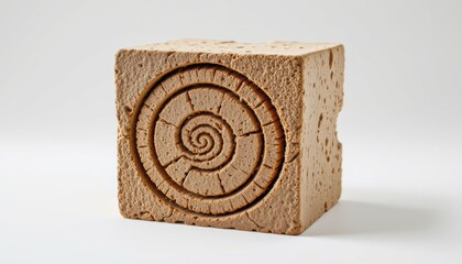an innovative biodegradable brick composed of organic cotton fibercrete, detailed with spiral fossil like pattern, modeled as hexagonal honeycomb design, enhanced by lightweight modular assembly
