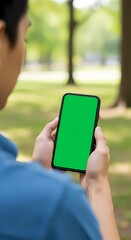 Person holding a smartphone with a green screen, outdoors in a park setting.