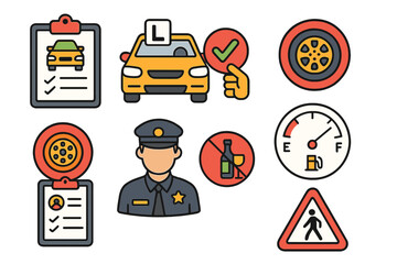 Driving school and car test icon set. Road safety and traffic regulation symbols. Vector collection for vehicle inspection, driver license, and learning to drive. Flat design.