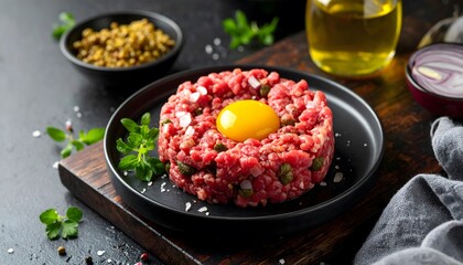 Gourmet Beef Tartare with Egg Yolk, Capers, and Fresh Herbs on Black Plate