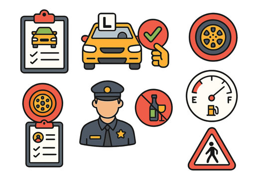 Driving school and car test icon set. Road safety and traffic regulation symbols. Vector collection for vehicle inspection, driver license, and learning to drive. Flat design.