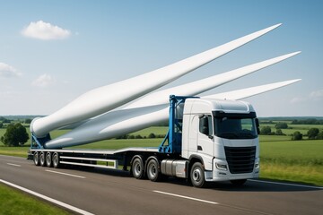 White semi-truck transporting giant wind turbine blades on highway with green rural landscape and clear blue sky in bright daylight background. Ai generative