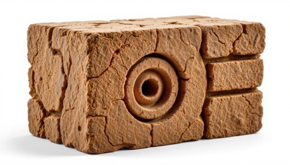 a high resolution eco friendly building brick made of palm leaf bio composite, featuring stone like rugged face and spiral inspired block, with replaceable modular faces