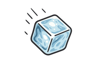 Falling ice cube vector cartoon illustration isolated on white. Frozen water block for cold drinks and summer refreshments. Concept of cooling, freshness and freezing.