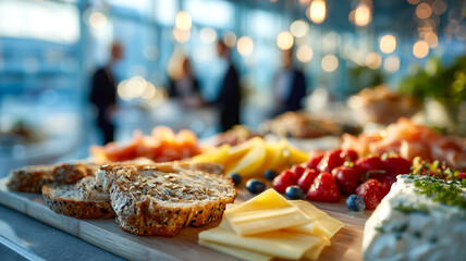 Appetizing spread of bread, cheese, fruit, and seafood on wooden board. Soft lighting enhances the elegant, delicious presentation.