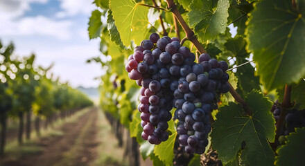 Fototapeta premium Ripe purple grapes hanging on vineyard vine in sunlight for wine production