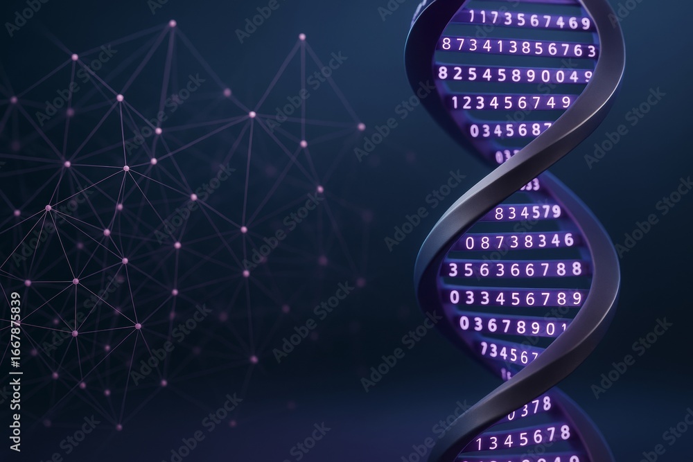 Poster abstract dna helix with glowing numbers and connected nodes on dark background, symbolizing digital 