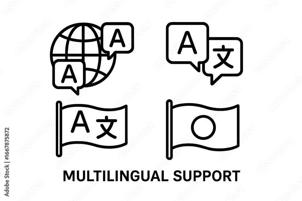 Poster multilingual support icon set. language translation and localization concept. global communication s