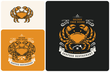 A vintage-style seafood restaurant logo with hand-drawn orange crab, ornamental house details. Vector illustration logo