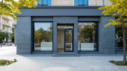High-quality photo of facade of modern building with large window, entrance. Ideal place for store, beauty salon, office cafe. Architecture design demonstrates urban commercial.