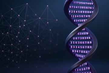 Abstract DNA helix with glowing numbers and connected nodes on dark background, symbolizing digital genetics and data sequencing concept.