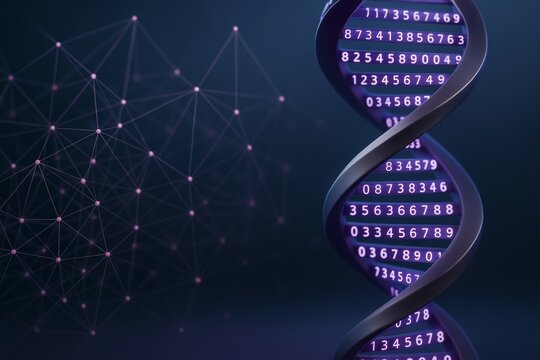 Abstract DNA helix with glowing numbers and connected nodes on dark background, symbolizing digital genetics and data sequencing concept.