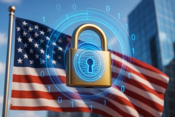 Cybersecurity padlock with digital interface over American flag and cityscape background showing national data protection concept in abstract style.