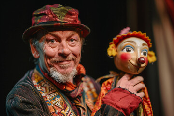 Obraz premium Elderly puppeteer performing with expressive clown puppet on theatrical stage generative AI