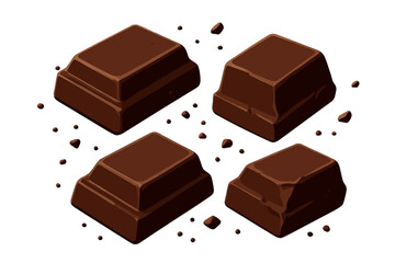 Fototapeta premium Isometric dark chocolate pieces with crumbs. Vector icon set for dessert, sweet food, snack, or baking ingredient. Isolated gourmet cocoa confectionery candy bar illustration.