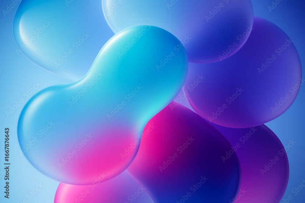 Poster abstract floating colorful blobs with soft lighting and smooth gradients on a blue background repres