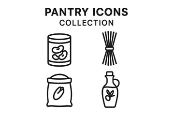Pantry Icons Collection, Outline Vector Set of Pantry Staples, Canned Beans, Pasta Bundle, Rice Sack, Olive Oil Bottle, Kitchen Food Storage, Cooking Ingredients