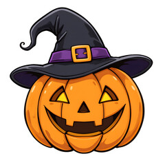 Fototapeta premium Halloween Clipart Graphic: Cute Jack-o'-Lantern PNG on Transparent Background with a Witch Hat for T-Shirt Design,Spooky and Autumn Illustrations