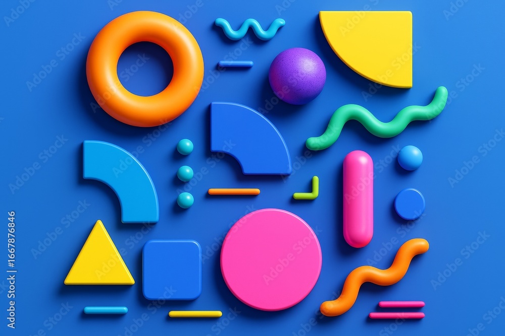 Poster colorful abstract geometric shapes in playful composition on blue background with glossy light effec