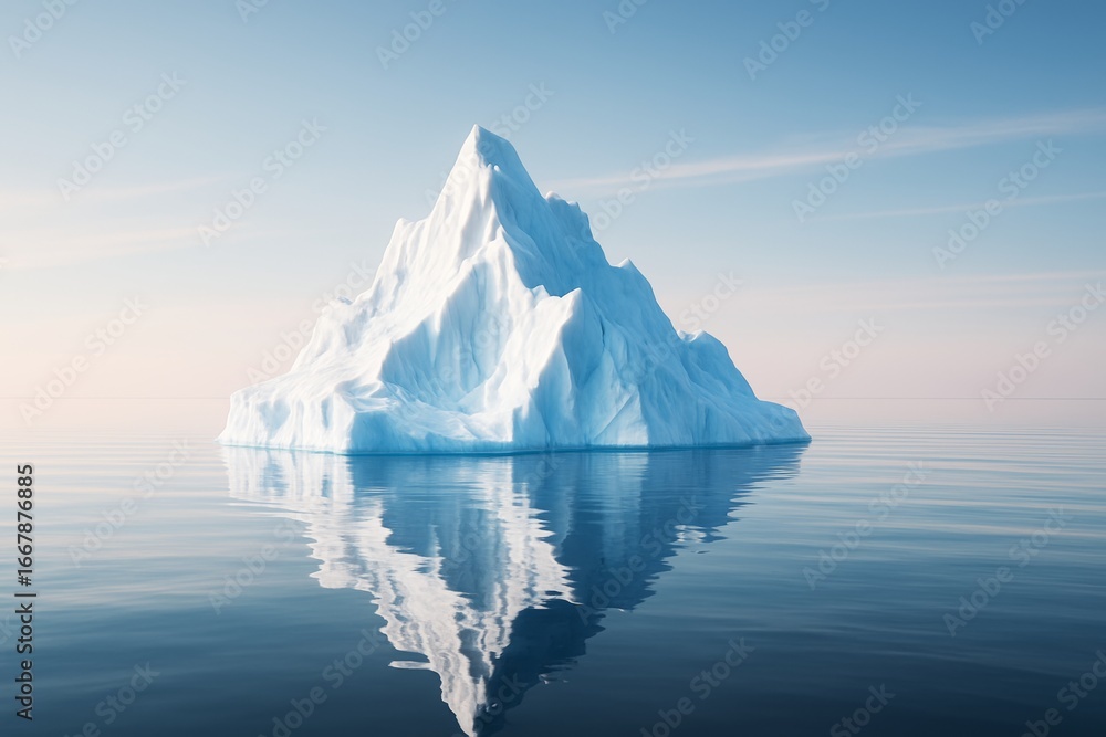 Poster majestic iceberg floating on calm ocean with mirror reflection under soft sky in minimal light backg