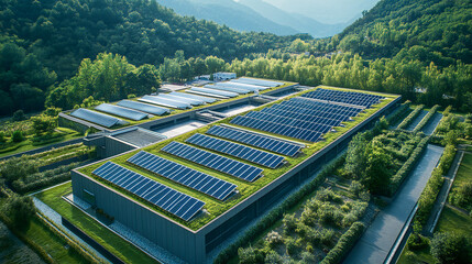 Aerial view of a large-scale data center powered by sustainable energy with solar panels on the roof, surrounded by greenery