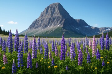 Blooming purple and yellow wildflowers in mountain valley under clear blue sky with sunlight and rocky peak background. Ai generative. Ai generative