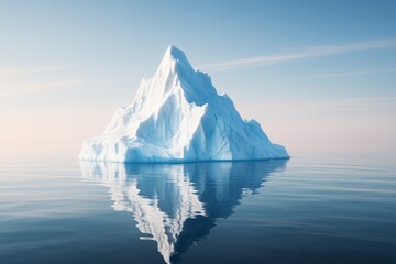 Majestic iceberg floating on calm ocean with mirror reflection under soft sky in minimal light background, symbolizing nature and climate concept. Ai generative