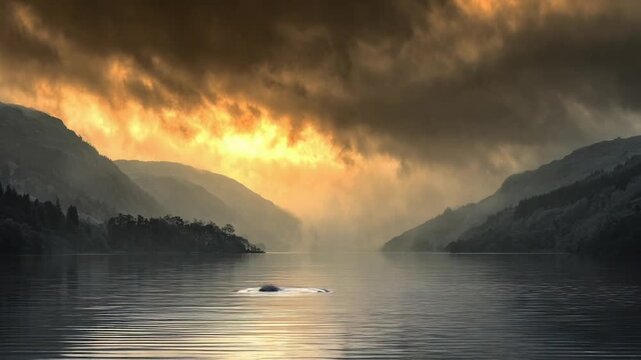 Mysterious Loch Ness monster in foggy lake

