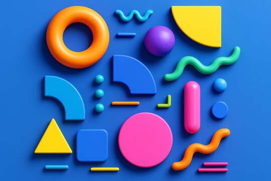 Colorful abstract geometric shapes in playful composition on blue background with glossy light effects and 3D style for modern graphics use. Ai generative