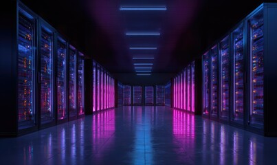 A server room bathed in neon light, rows of cabinets receding into the distance