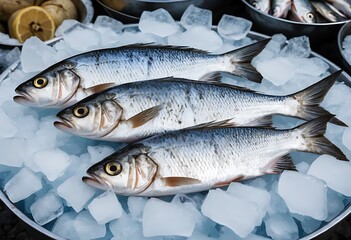 Fototapeta premium fresh whole fish on ice chunks with lemon slice