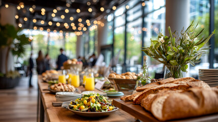 Abundant buffet spread featuring fresh salads, bread, fruit, and juice on a wooden table in a brightly lit interior.