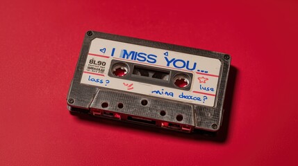 Obraz premium A nostalgic cassette tape with handwritten I MISS YOU message on a red background, evoking storytelling and emotional connection in content marketing.