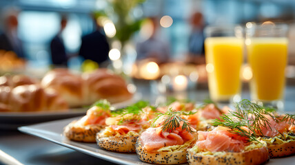 Elegant buffet with salmon canapés, pastries, and orange juice at an event with blurred figures in the background.