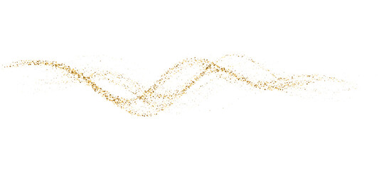 Gold dotted fluid wave line particles for premium luxury background. Abstract gold stipple flow wave undulate pattern. Vector gold curved dashed light line, rope, tape, net