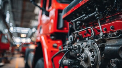 High-quality photo of disassembled truck engine in repair service. Heavy machinery, diesel motor vehicle part close-up. Red truck blurred background. Maintenance, repair.