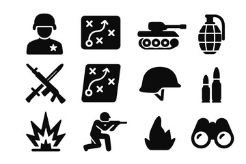 Military tactics silhouette icons set &ndash; solid filled strategy and combat symbols, army warfare vector cartoon illustration with transparent background, ordered set of strategic and combat weapon icons